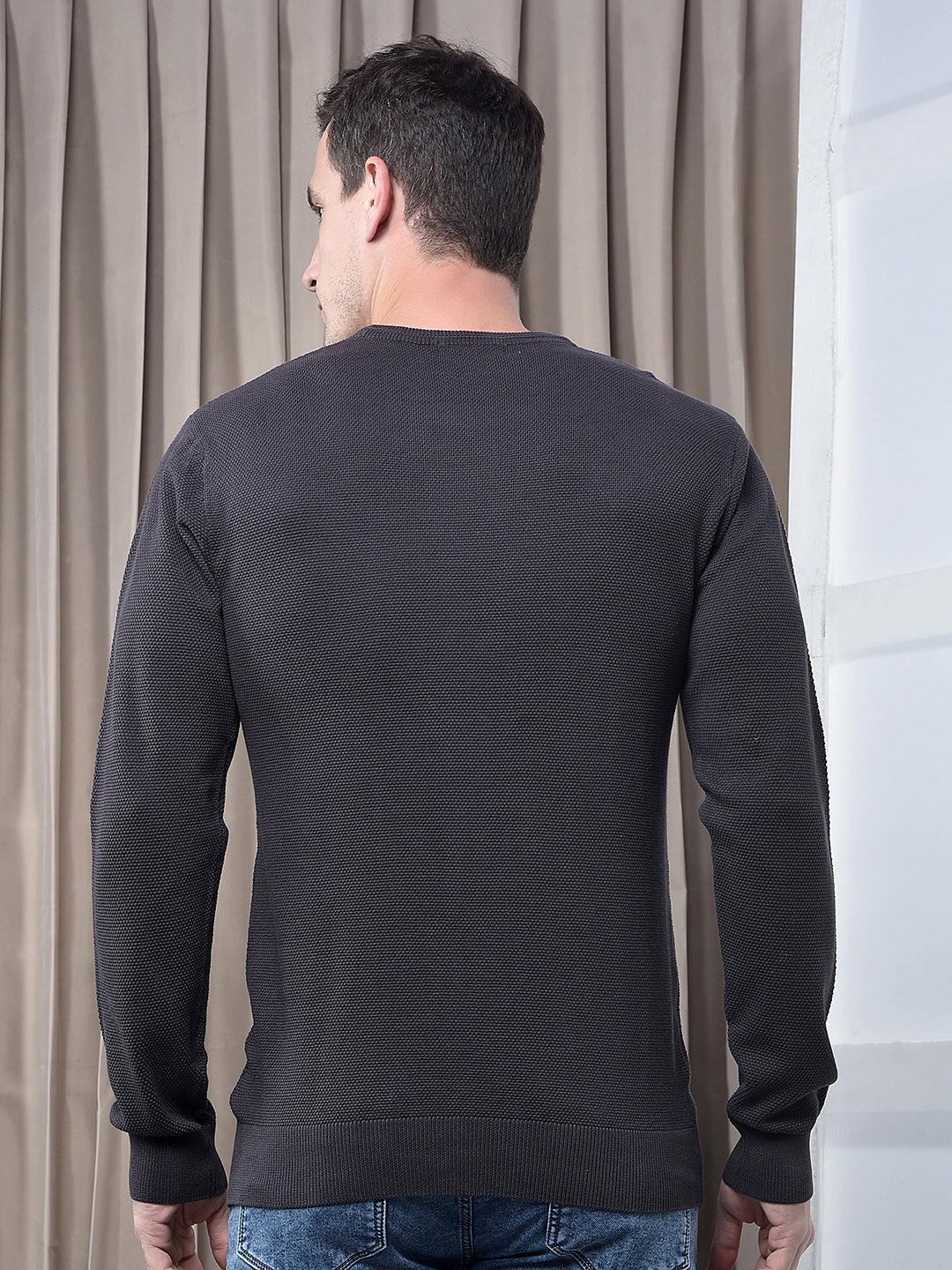 cobb solid charcoal grey round neck sweater