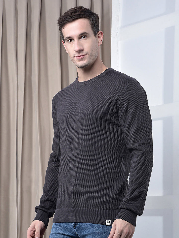 cobb solid charcoal grey round neck sweater