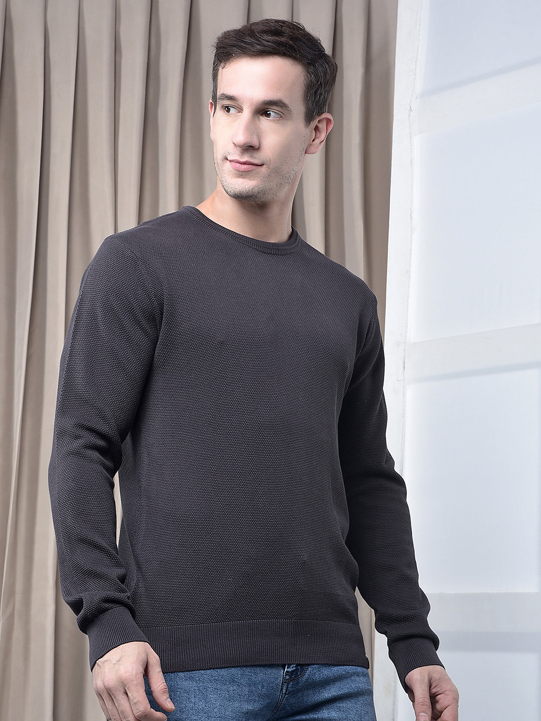 COBB SOLID CHARCOAL GREY ROUND NECK SWEATER