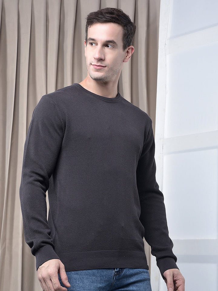 COBB SOLID CHARCOAL GREY ROUND NECK SWEATER