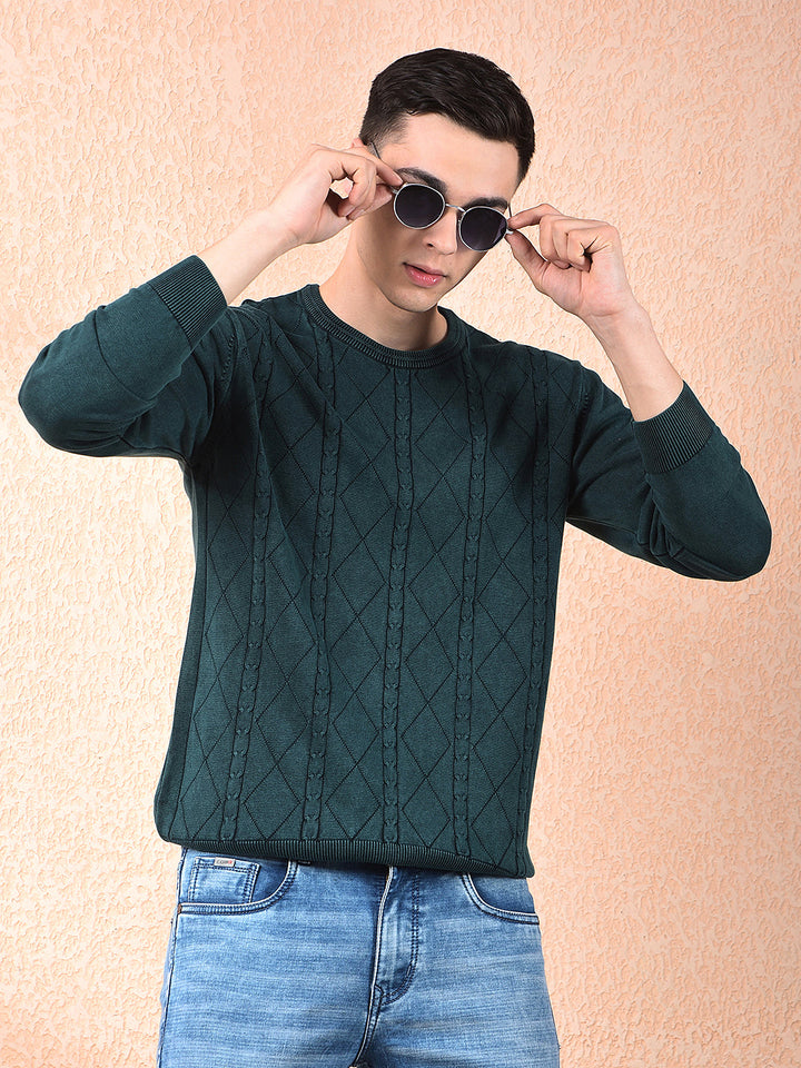 cobb bottle green self-design round neck sweater