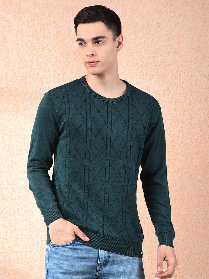 cobb bottle green self-design round neck sweater