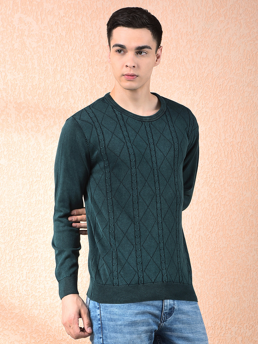 COBB BOTTLE GREEN SELF-DESIGN ROUND NECK SWEATER