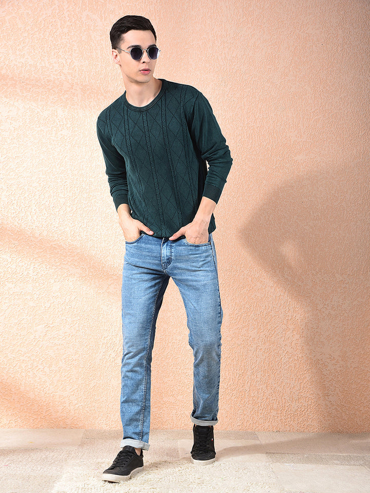 COBB BOTTLE GREEN SELF-DESIGN ROUND NECK SWEATER