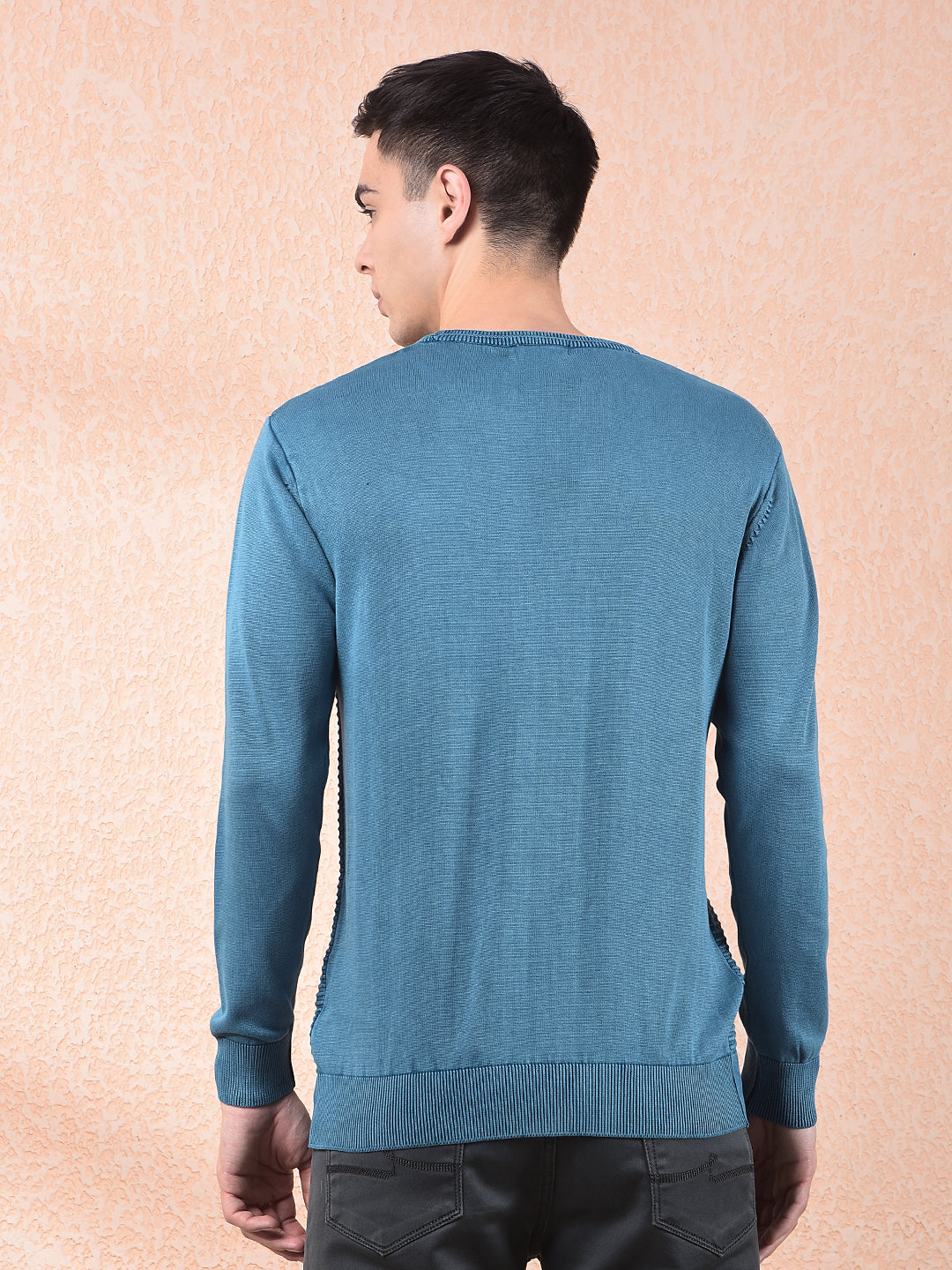 cobb teal blue striped round neck sweater