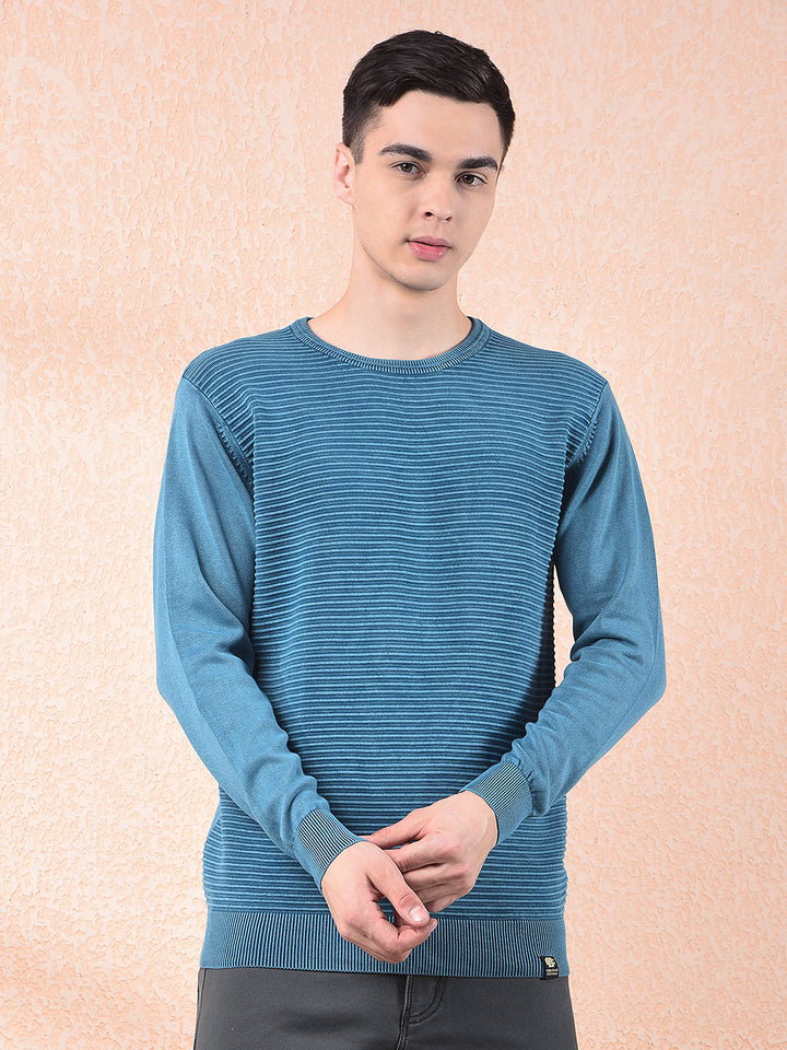 cobb teal blue striped round neck sweater