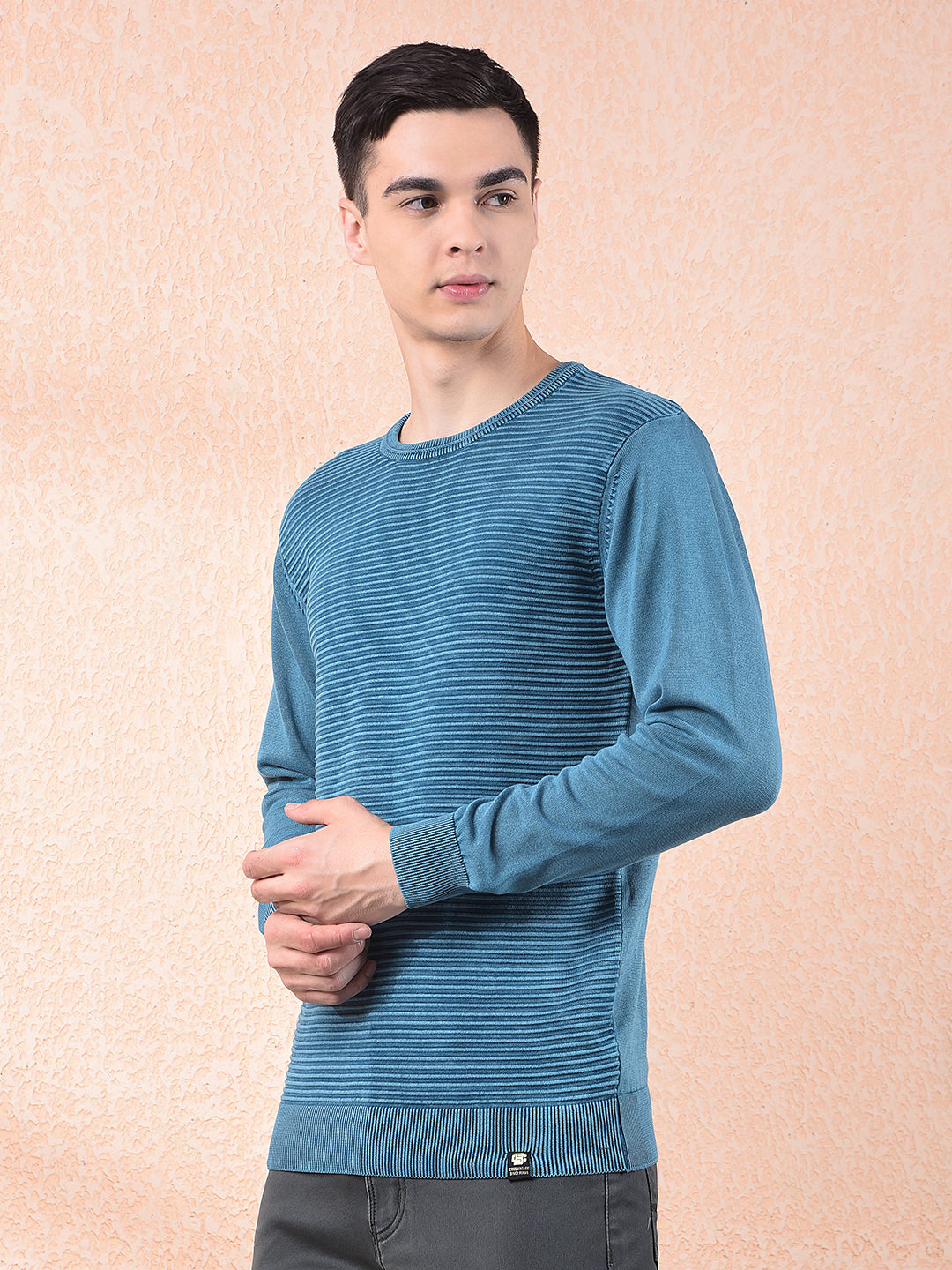 COBB TEAL BLUE STRIPED ROUND NECK SWEATER