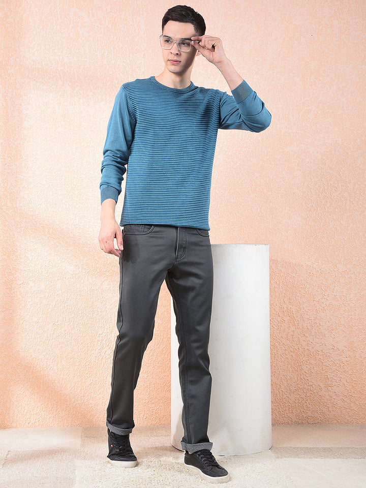 COBB TEAL BLUE STRIPED ROUND NECK SWEATER