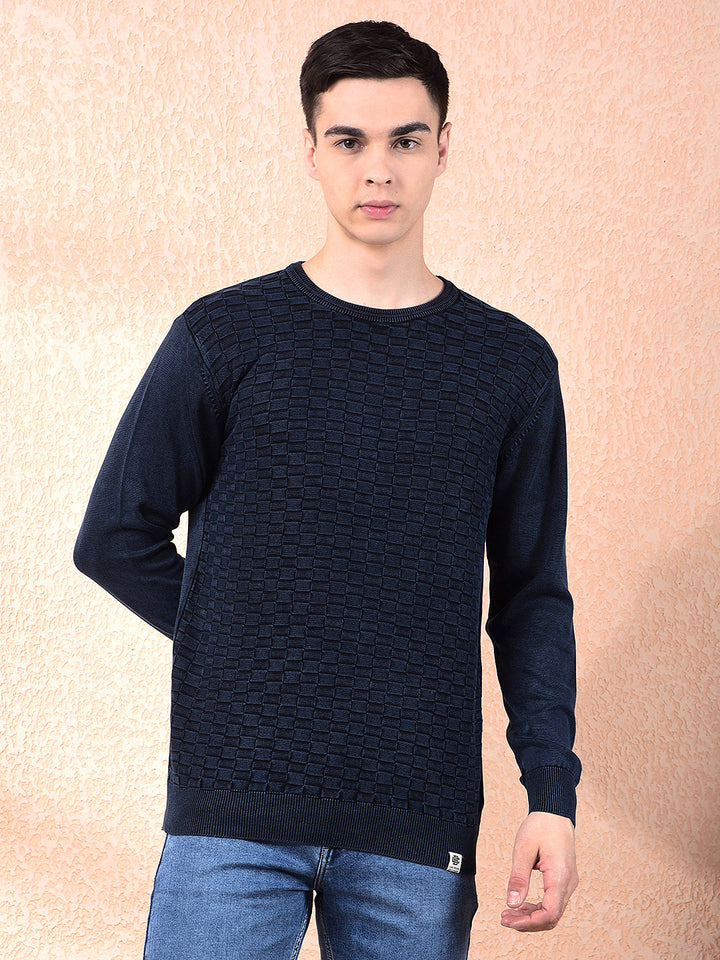 cobb navy blue self-design round neck sweater
