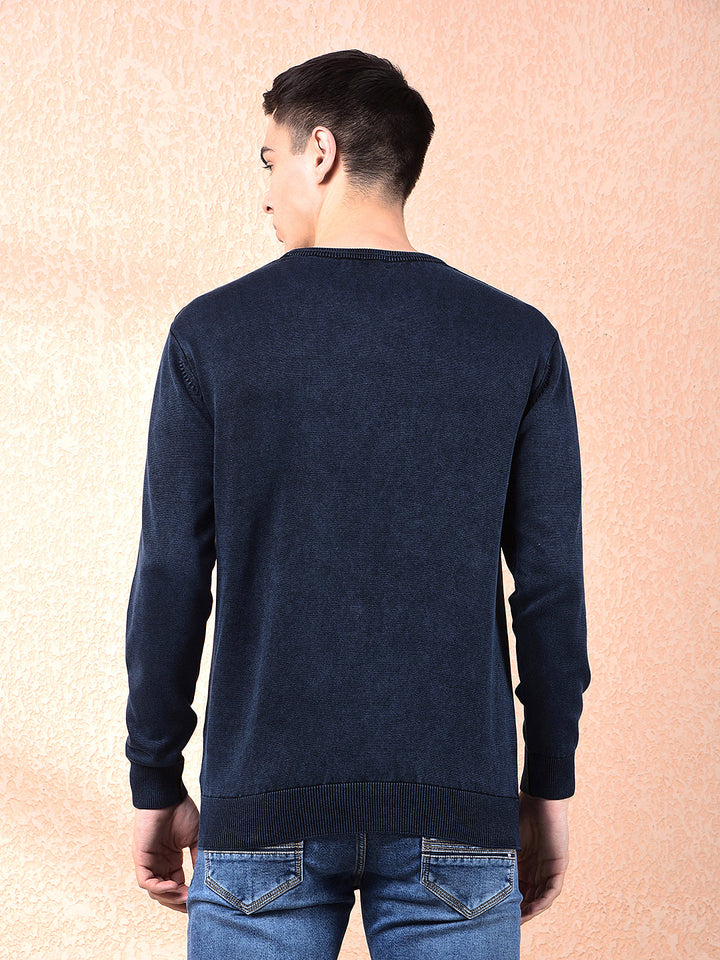 cobb navy blue self-design round neck sweater