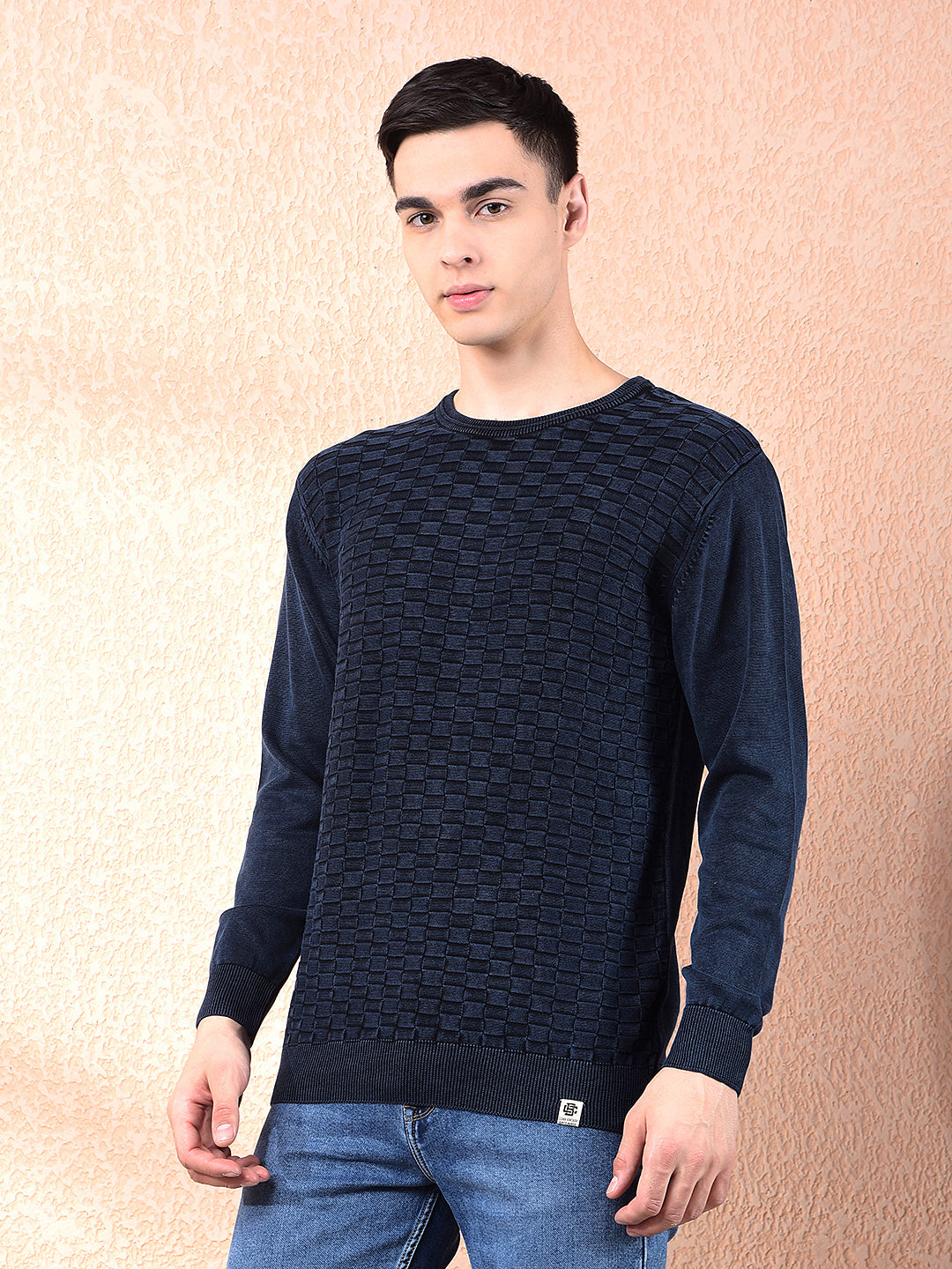 COBB NAVY BLUE SELF-DESIGN ROUND NECK SWEATER