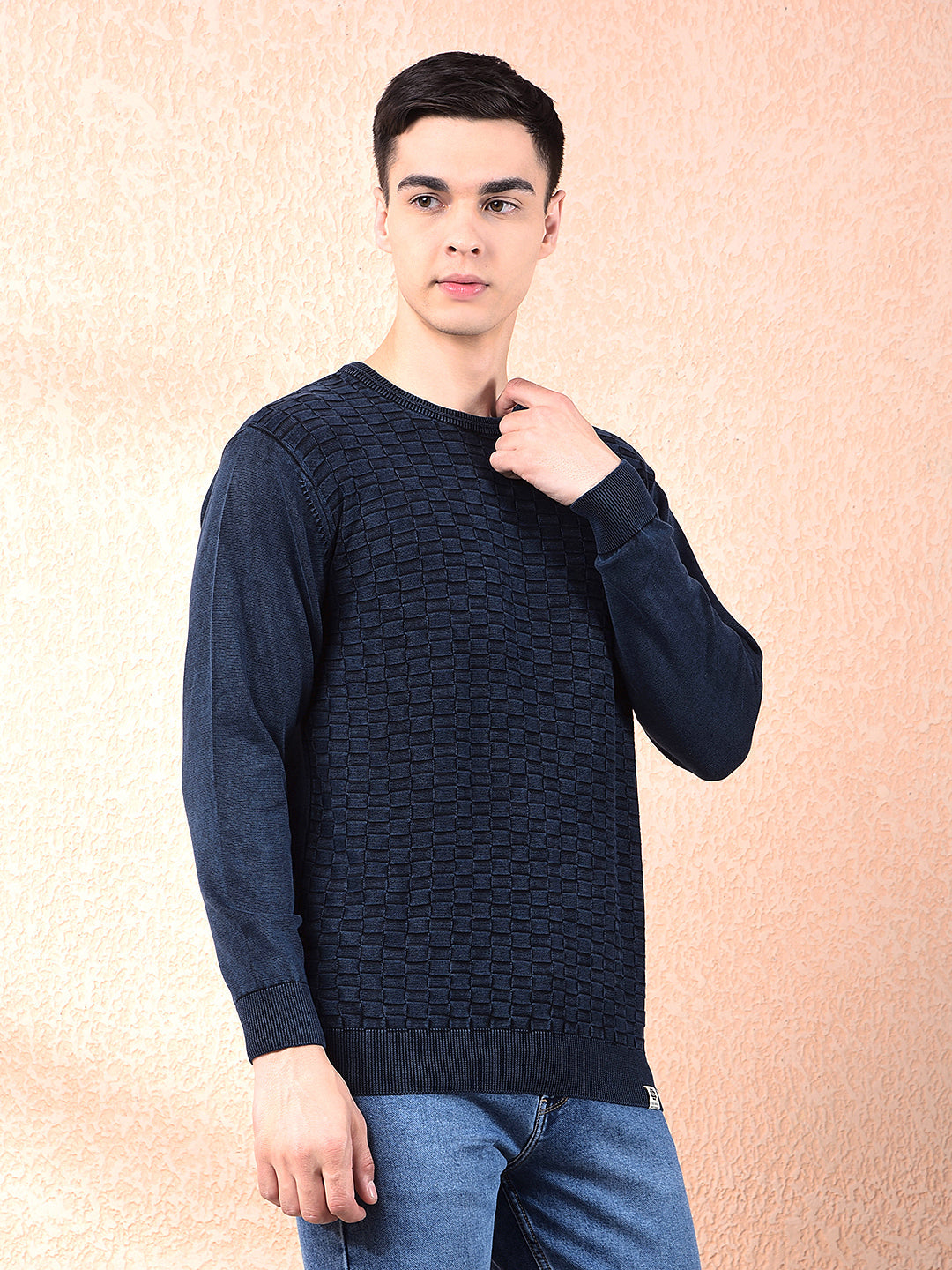 COBB NAVY BLUE SELF-DESIGN ROUND NECK SWEATER