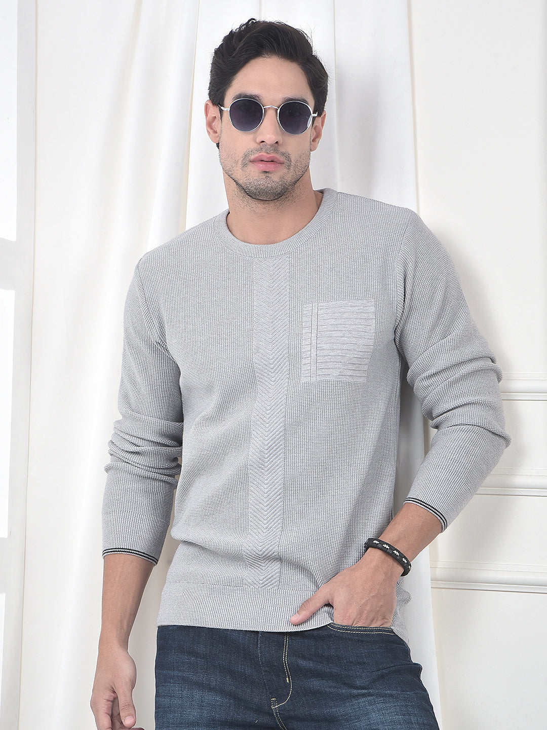 cobb light grey self-design round neck sweater