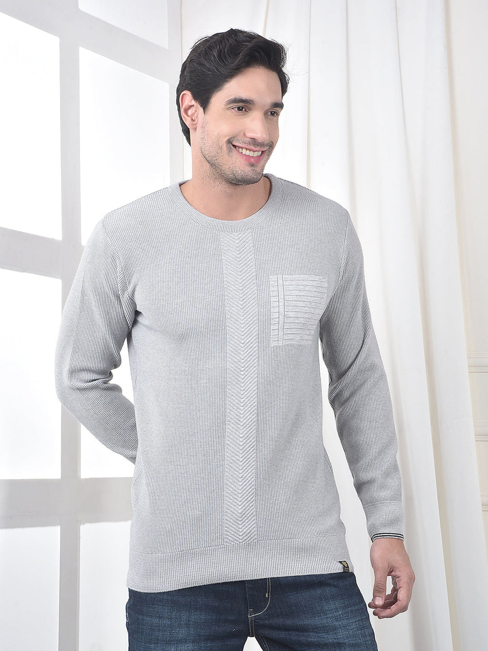 cobb light grey self-design round neck sweater