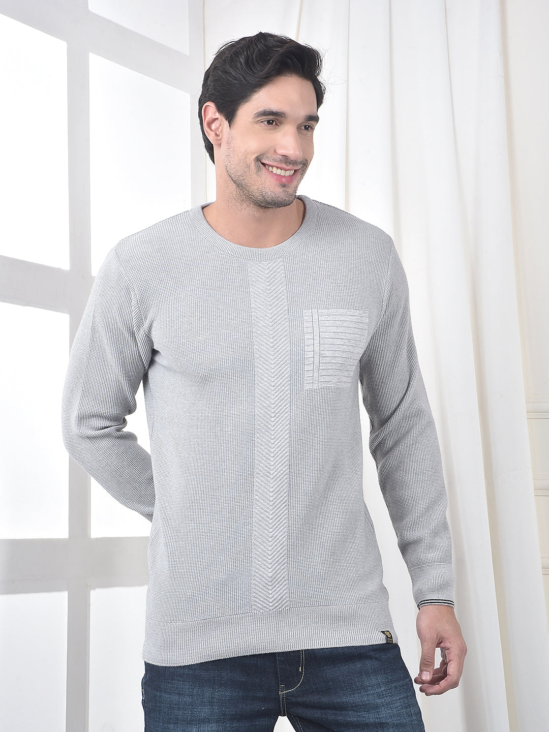 cobb light grey self-design round neck sweater