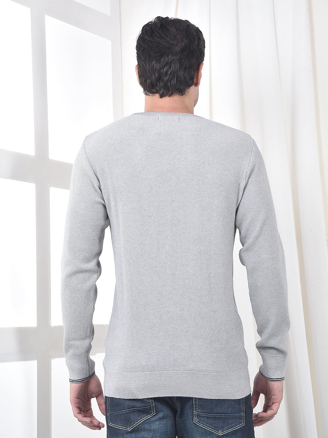 cobb light grey self-design round neck sweater