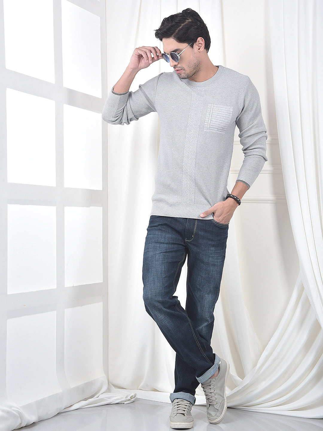 COBB LIGHT GREY SELF-DESIGN ROUND NECK SWEATER