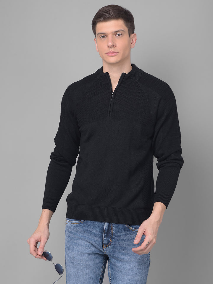 COBB SOLID BLACK ZIPPER ROUND NECK SWEATER