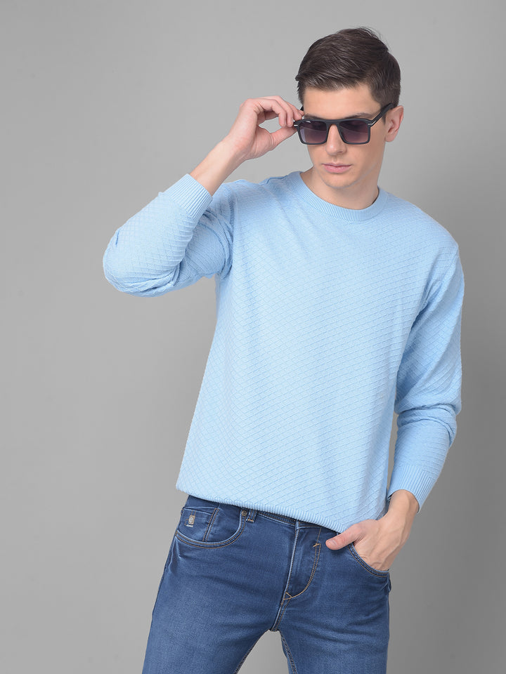 COBB SOLID SKY BLUE DIAMOND CUT ROUND NECK SWEATER