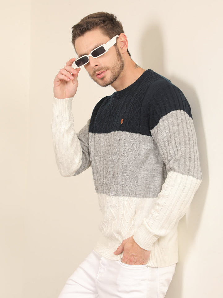 cobb cream navy colour block round neck sweater