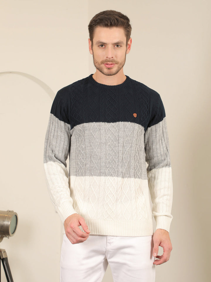 cobb cream navy colour block round neck sweater