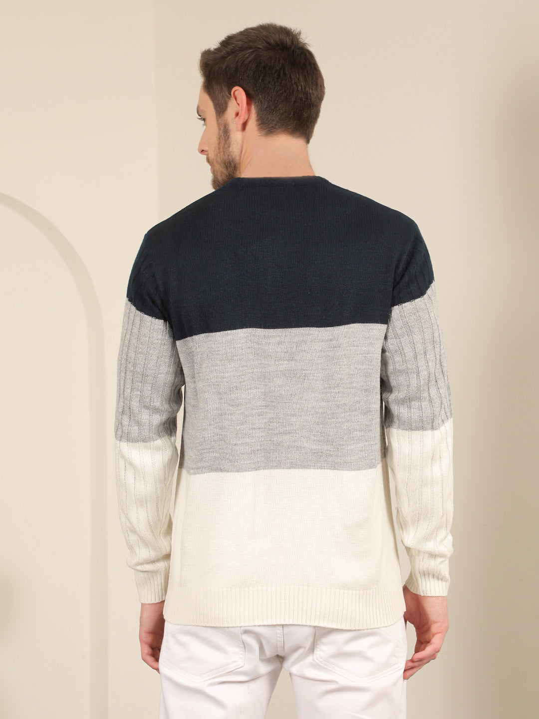 cobb cream navy colour block round neck sweater