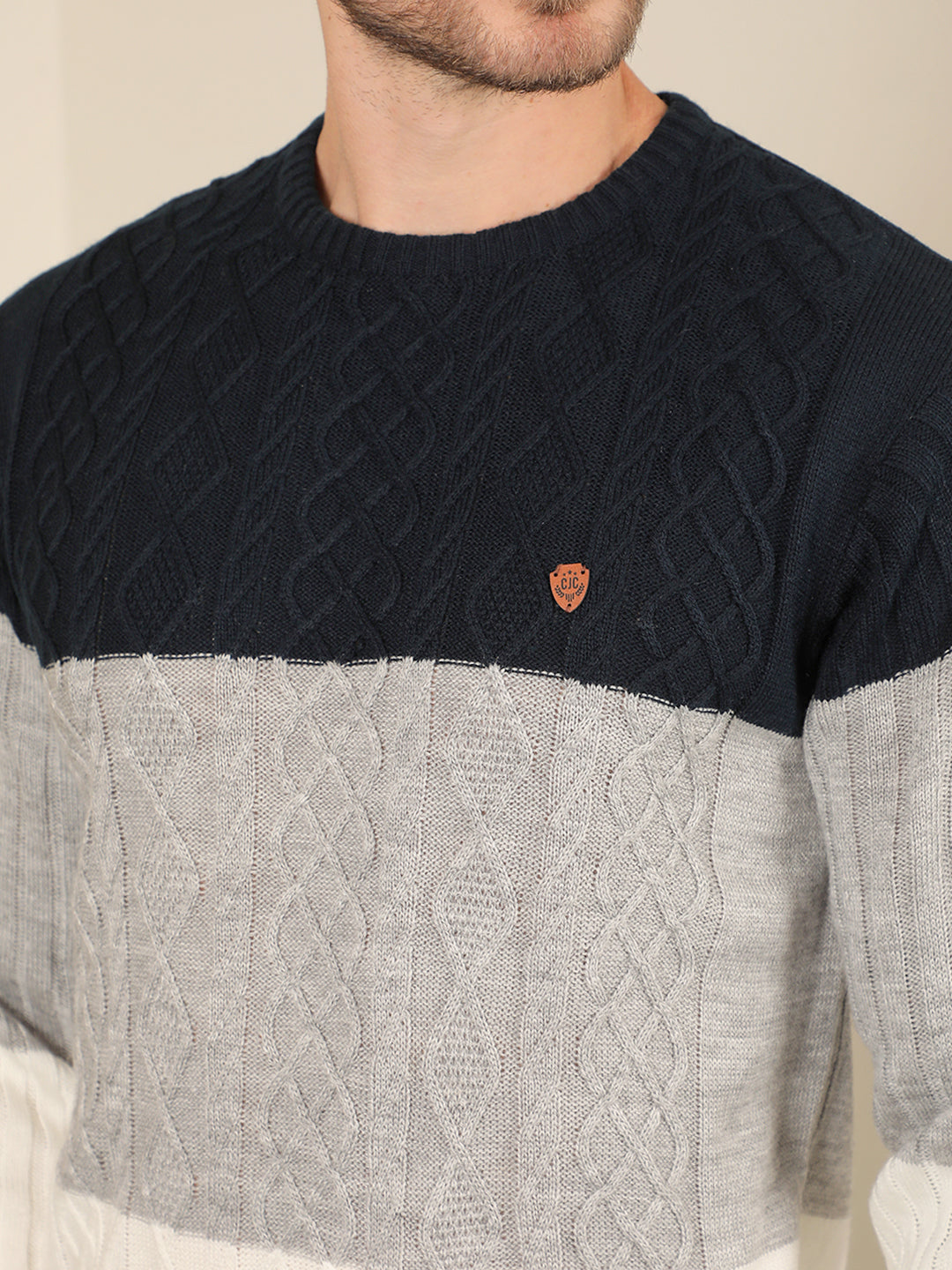 cobb cream navy colour block round neck sweater