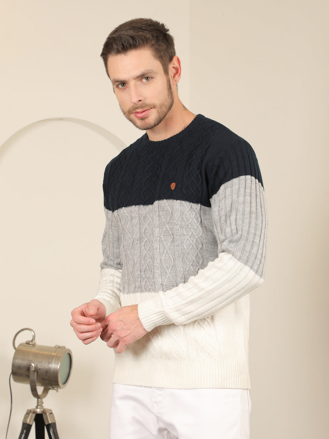 COBB CREAM NAVY COLOUR BLOCK ROUND NECK SWEATER