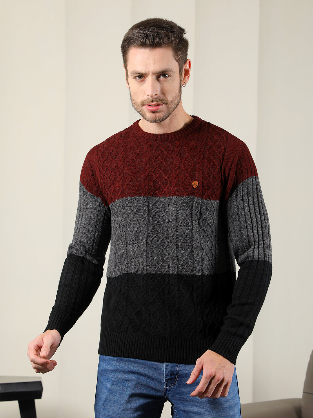 cobb black wine colour block round neck sweater