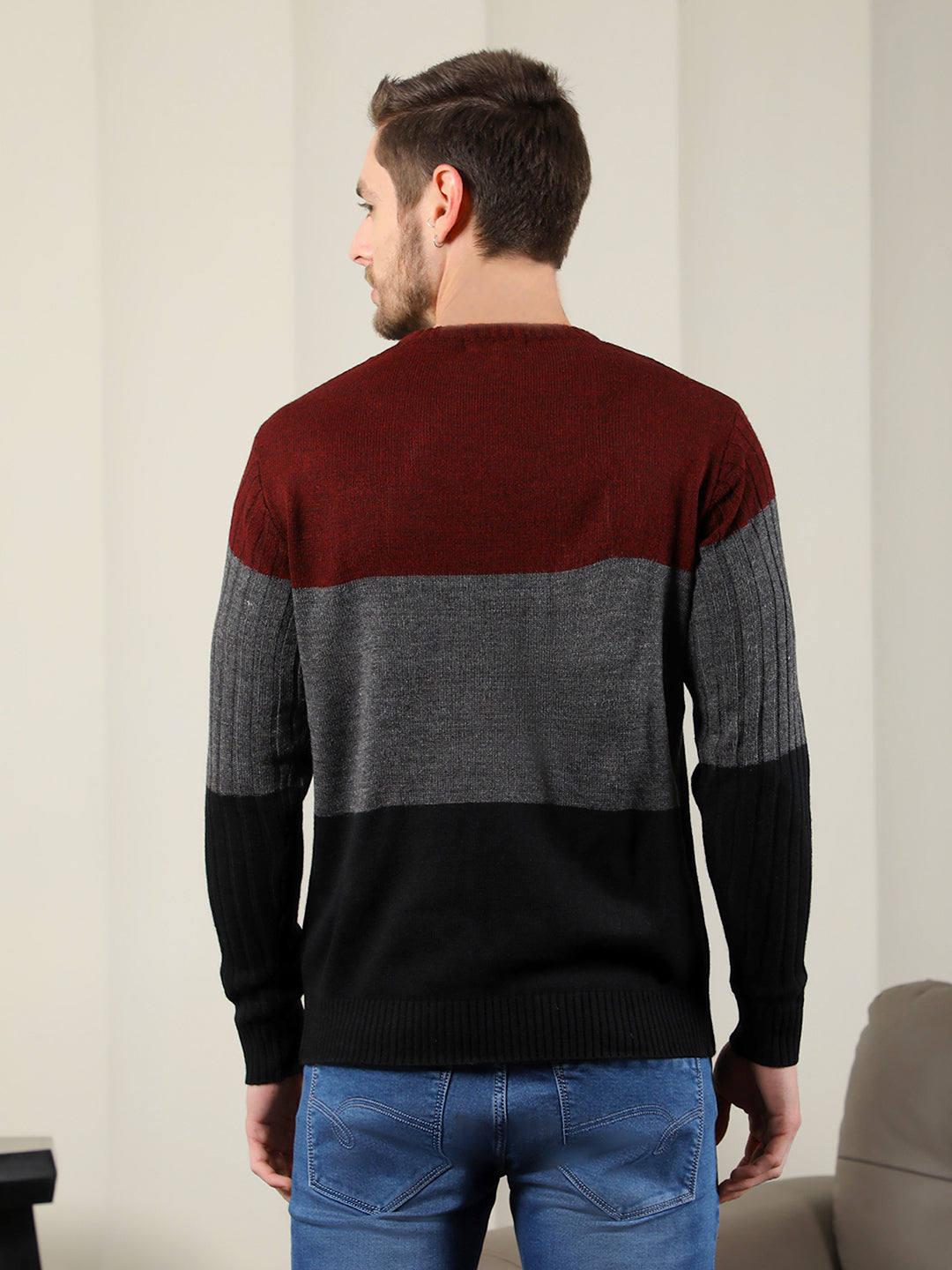 cobb black wine colour block round neck sweater