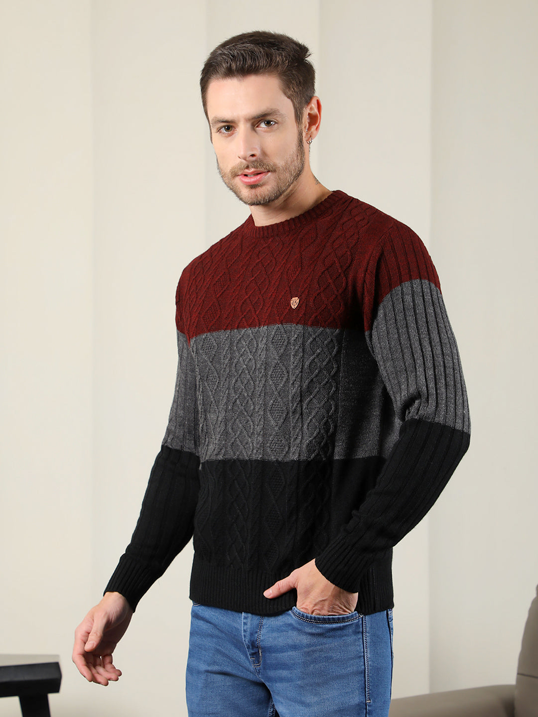 COBB BLACK WINE COLOUR BLOCK ROUND NECK SWEATER