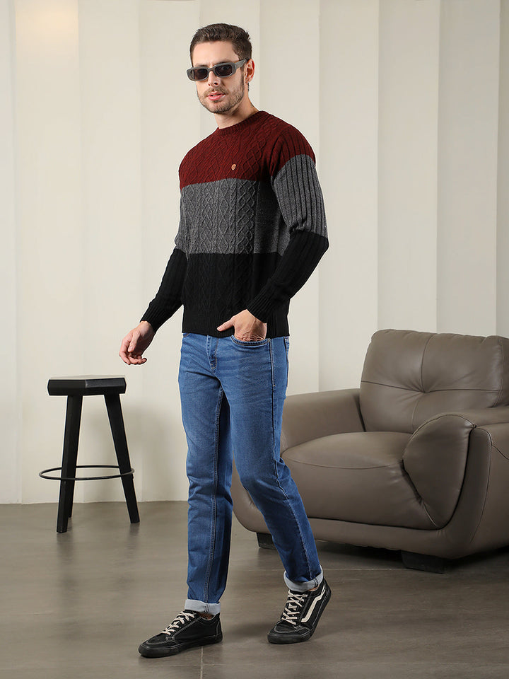 COBB BLACK WINE COLOUR BLOCK ROUND NECK SWEATER