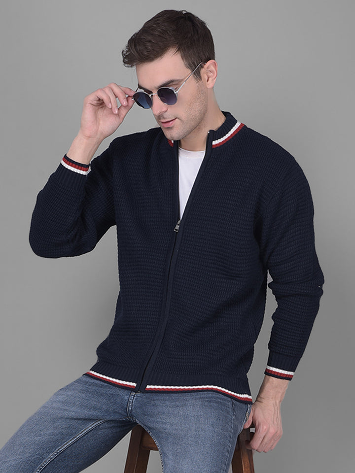 COBB SOLID NAVY BLUE HIGH NECK ZIPPER SWEATER