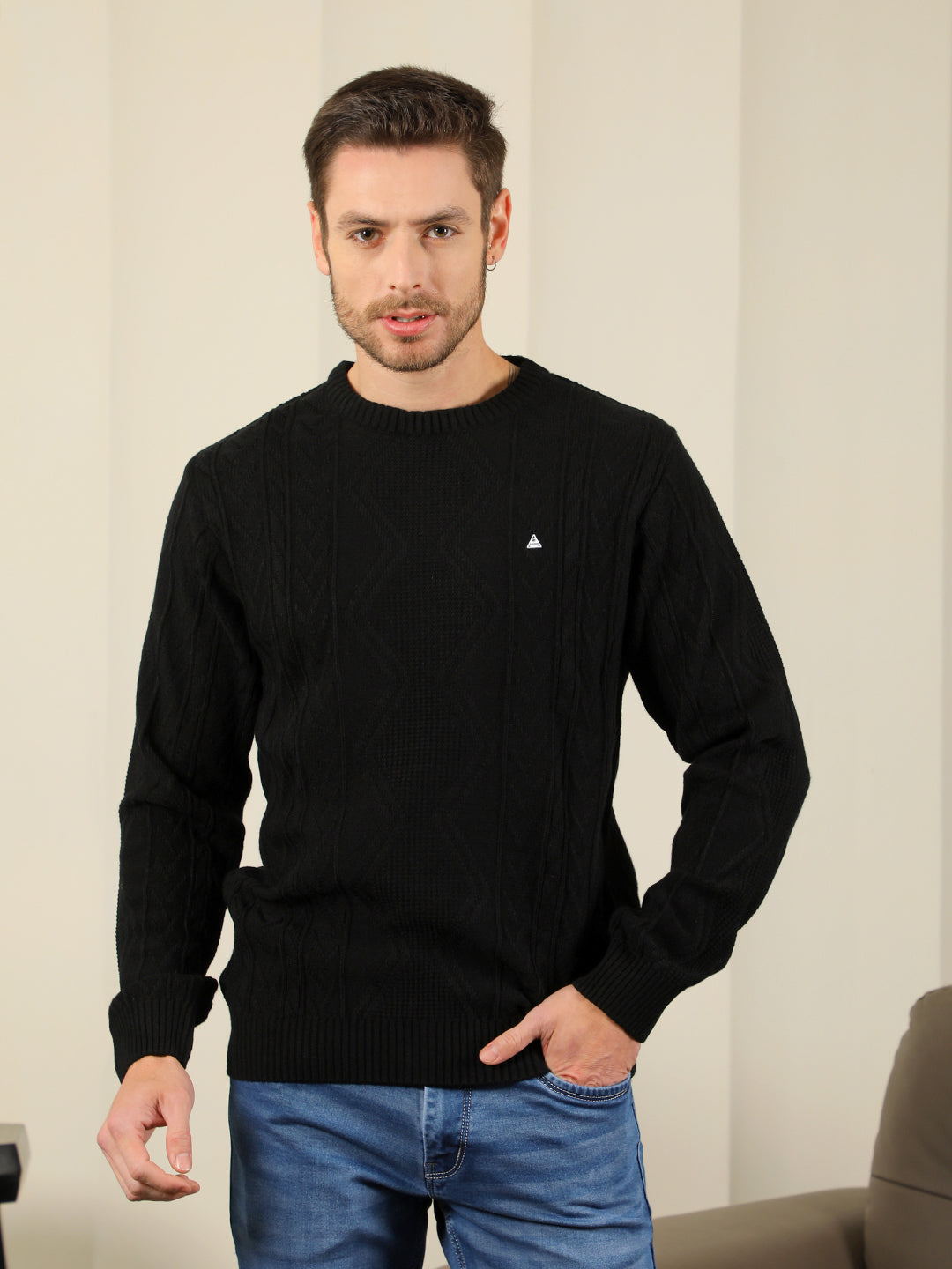 cobb black self-design round neck sweater