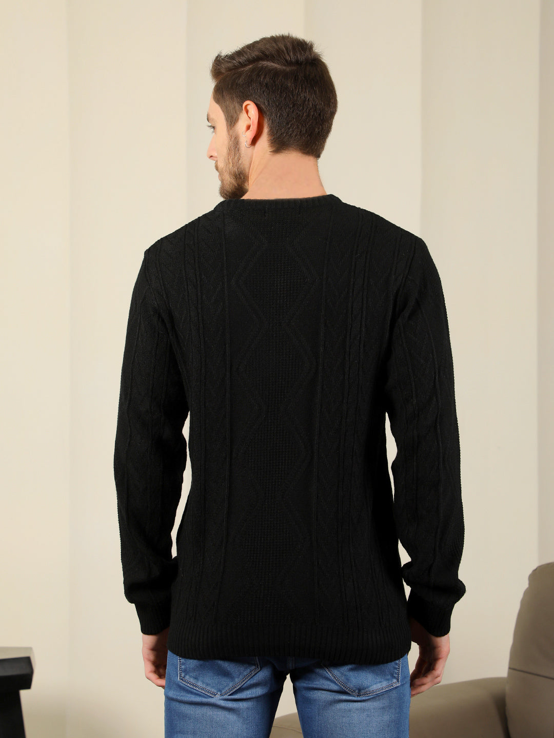 cobb black self-design round neck sweater