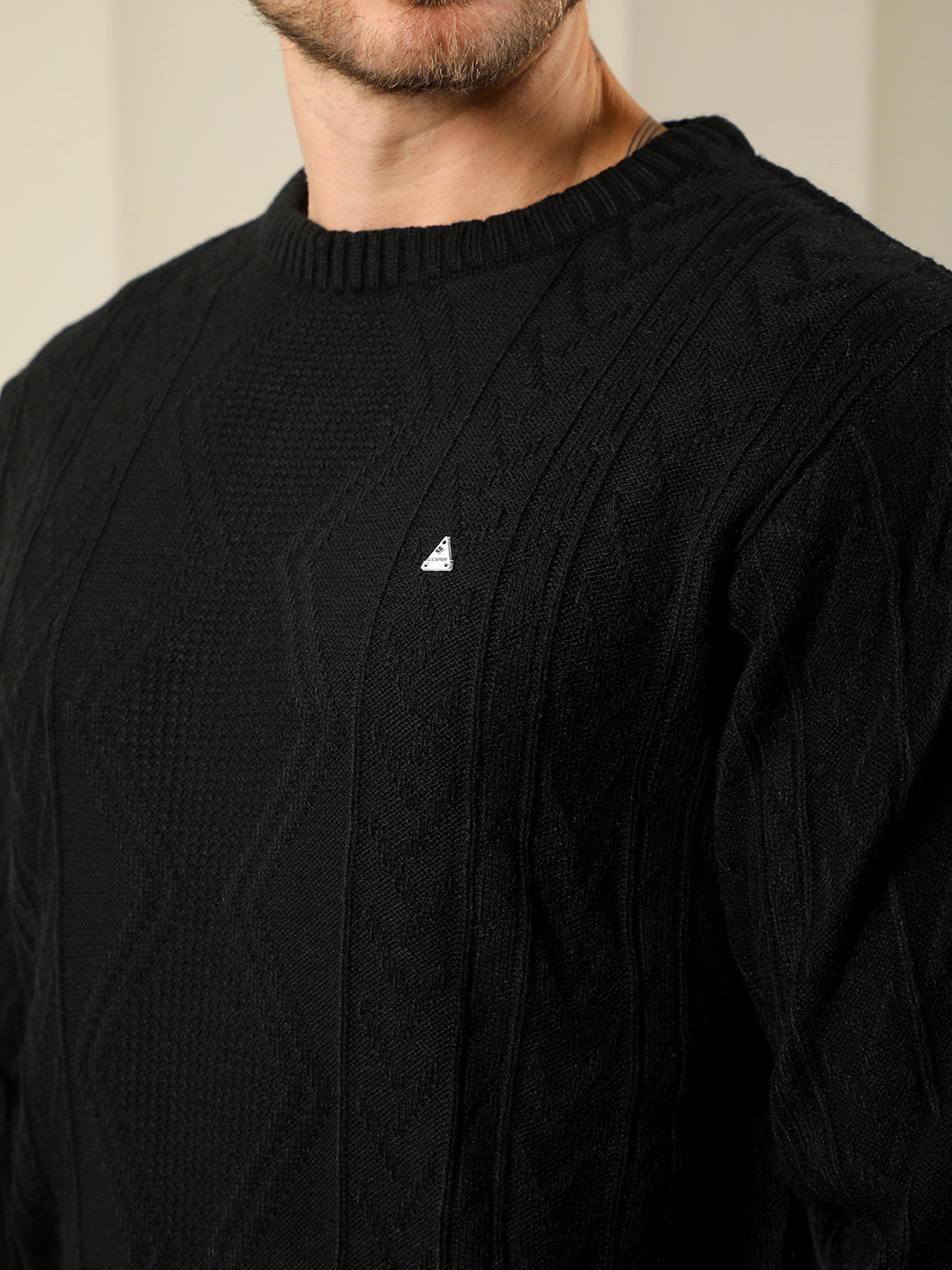 cobb black self-design round neck sweater