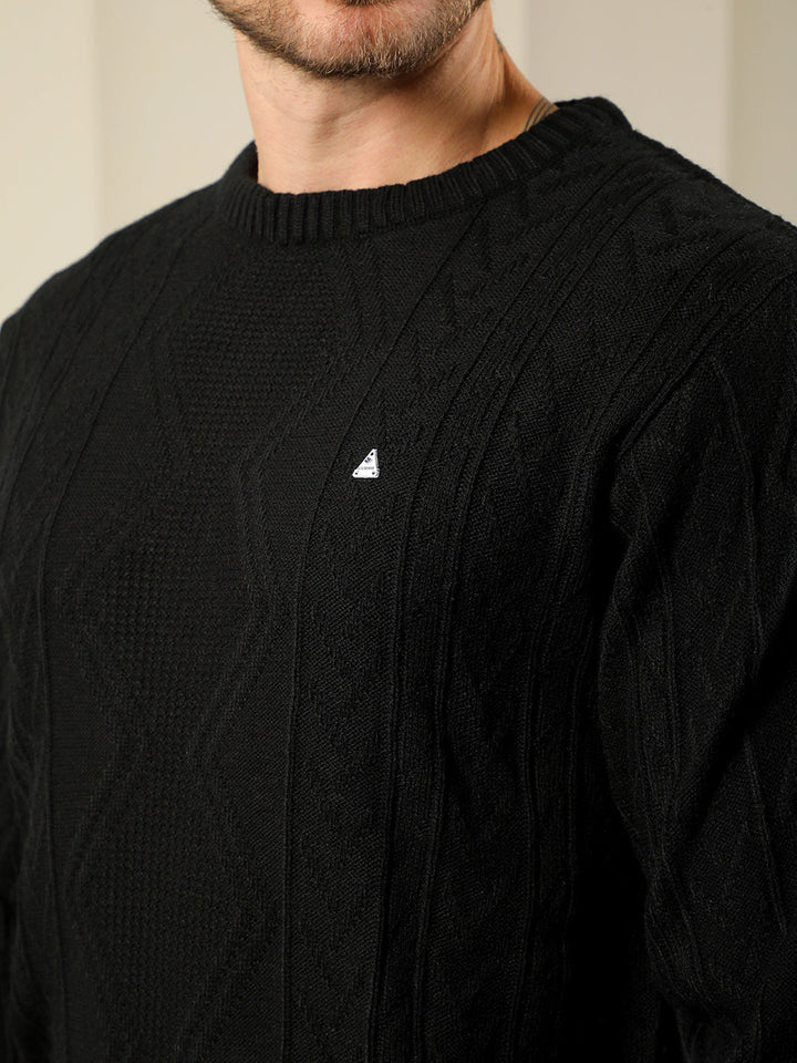 cobb black self-design round neck sweater