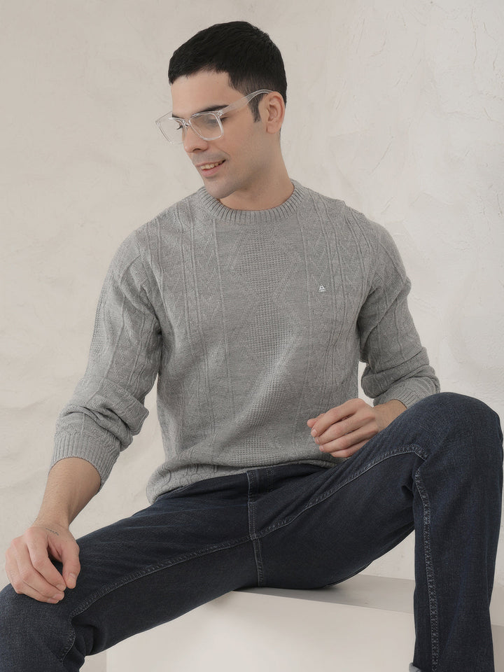 cobb light grey self-design round neck sweater