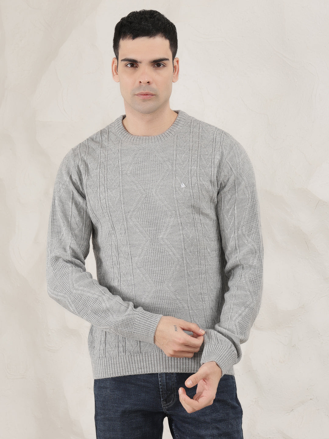 cobb light grey self-design round neck sweater