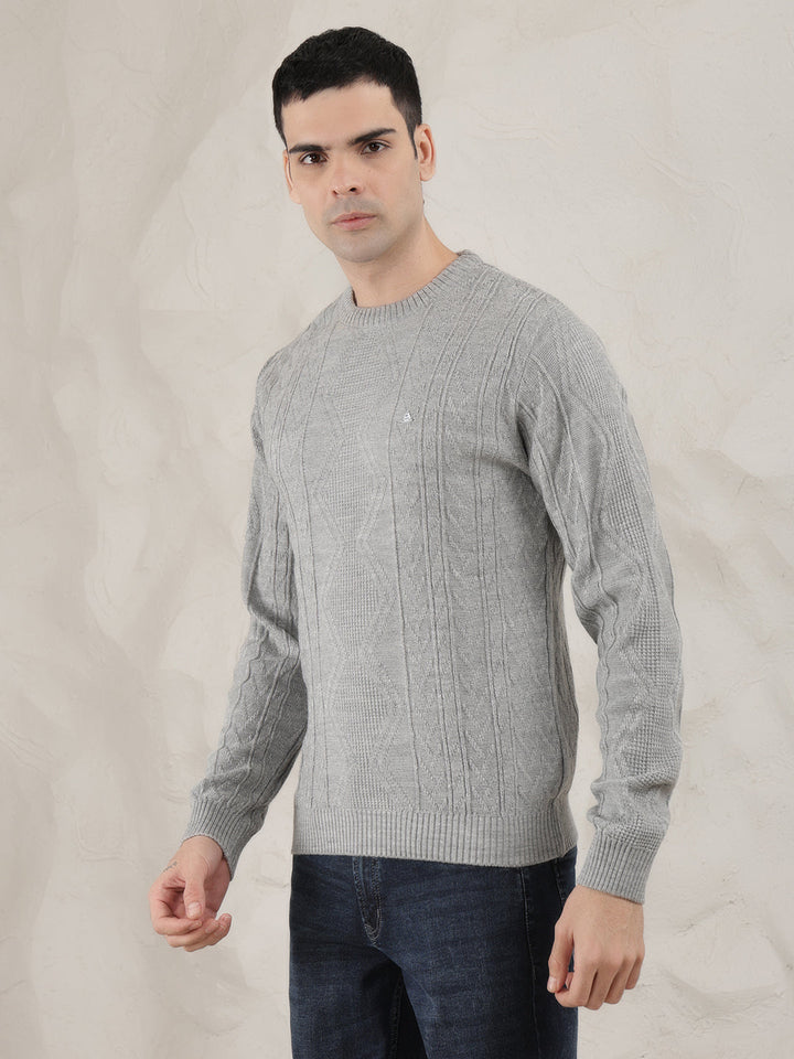 COBB LIGHT GREY SELF-DESIGN ROUND NECK SWEATER