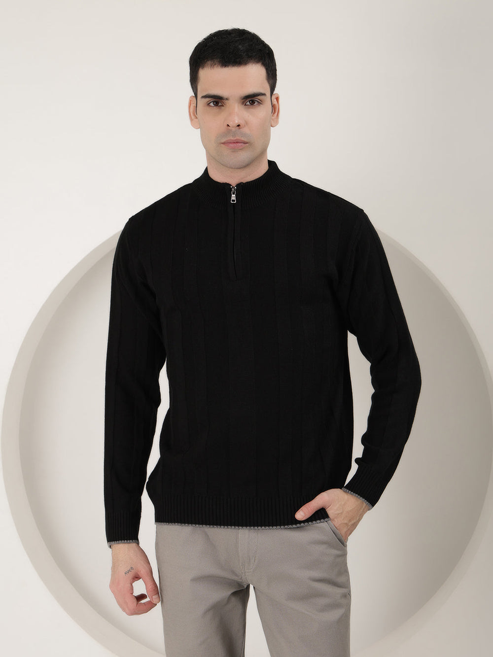 cobb black striped round neck half-zipper sweater