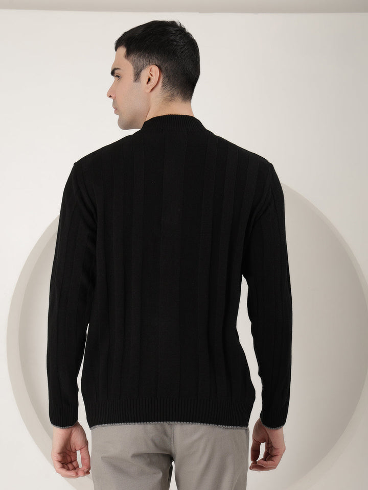 cobb black striped round neck half-zipper sweater