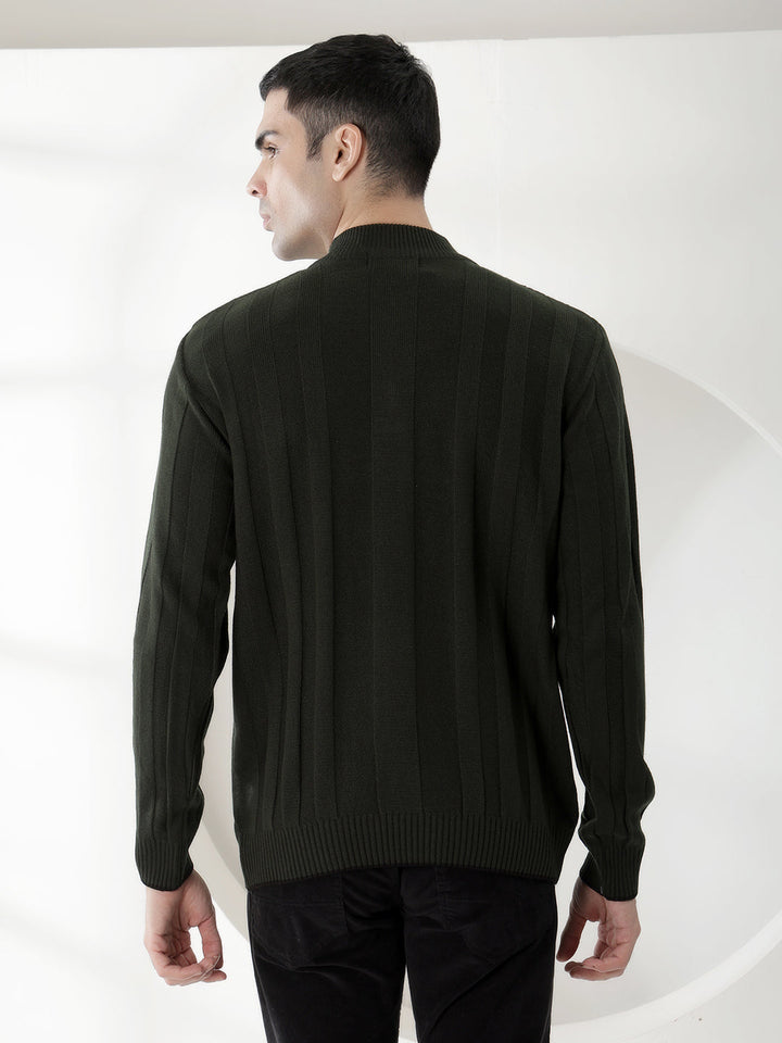 cobb olive striped round neck half-zipper sweater