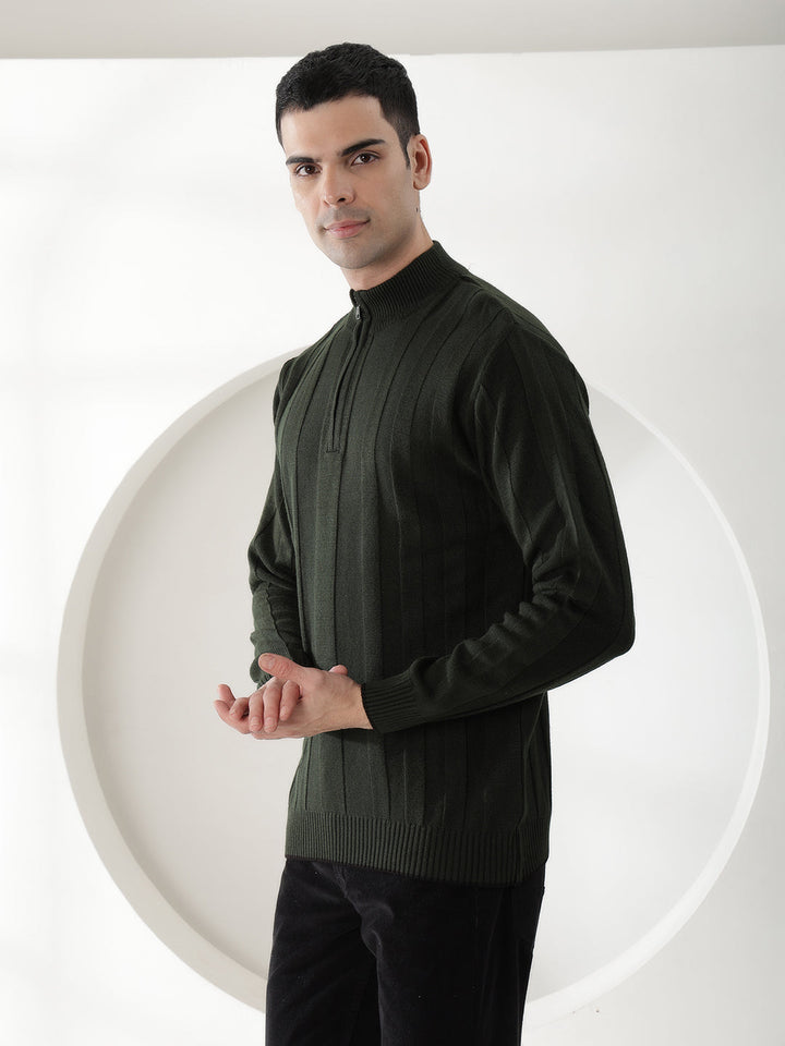 COBB OLIVE STRIPED ROUND NECK HALF-ZIPPER SWEATER