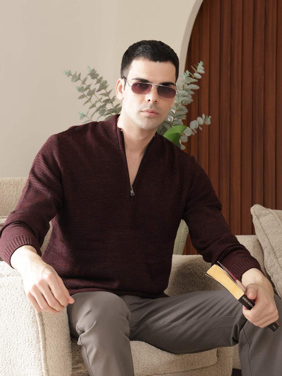 cobb solid wine round neck half-zipper sweater