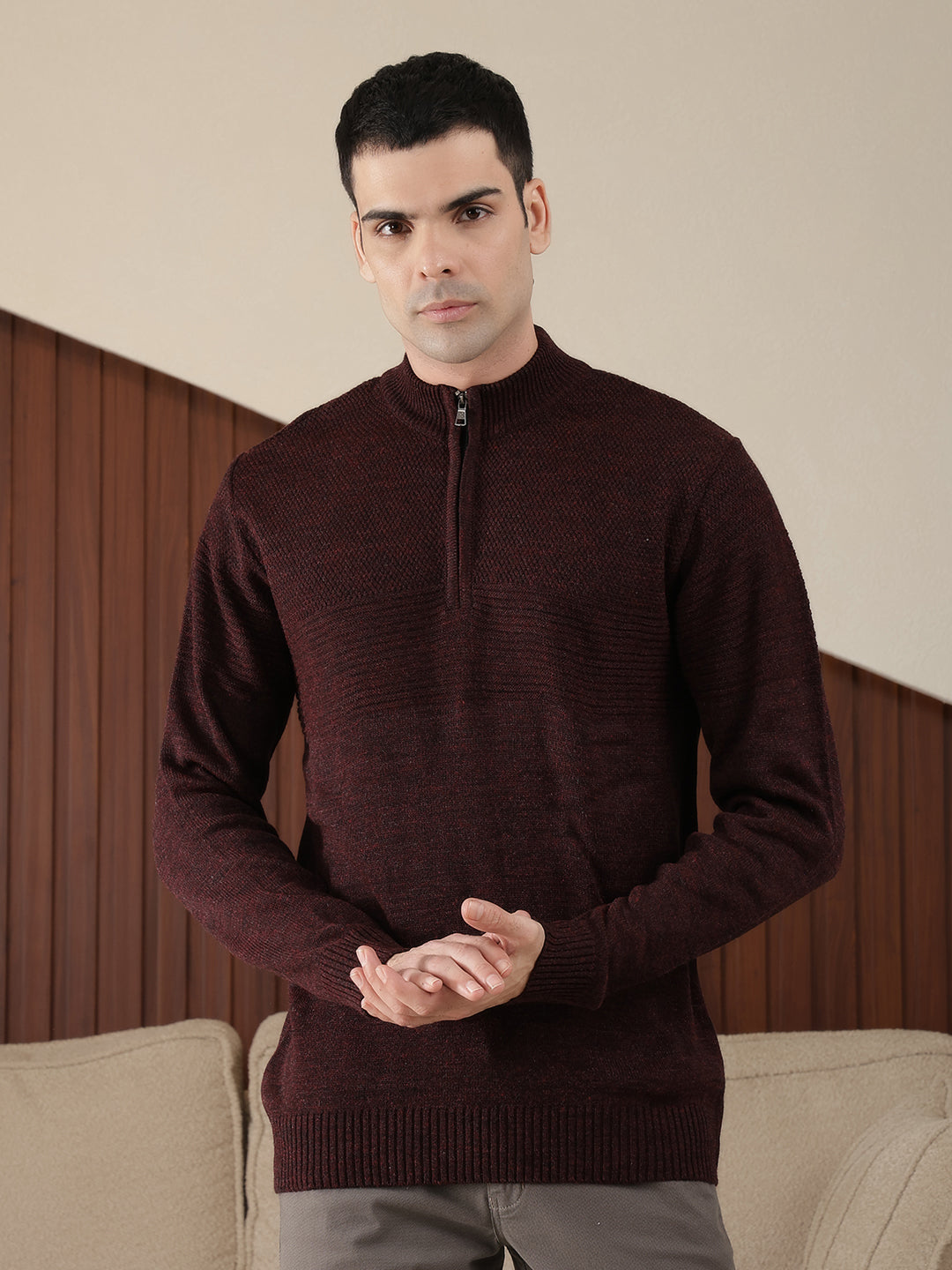 cobb solid wine round neck half-zipper sweater