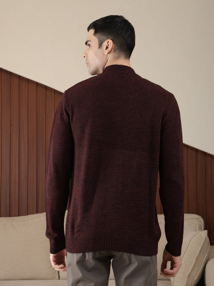 cobb solid wine round neck half-zipper sweater