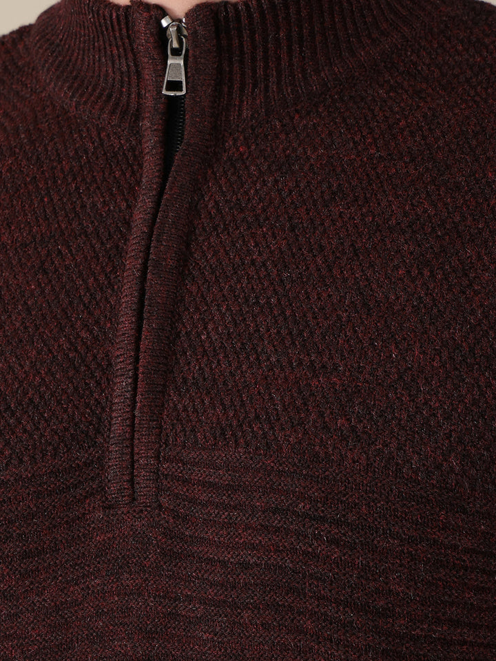 cobb solid wine round neck half-zipper sweater