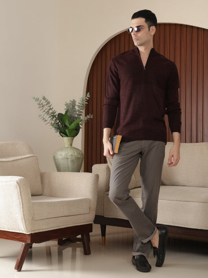 COBB SOLID WINE ROUND NECK HALF-ZIPPER SWEATER