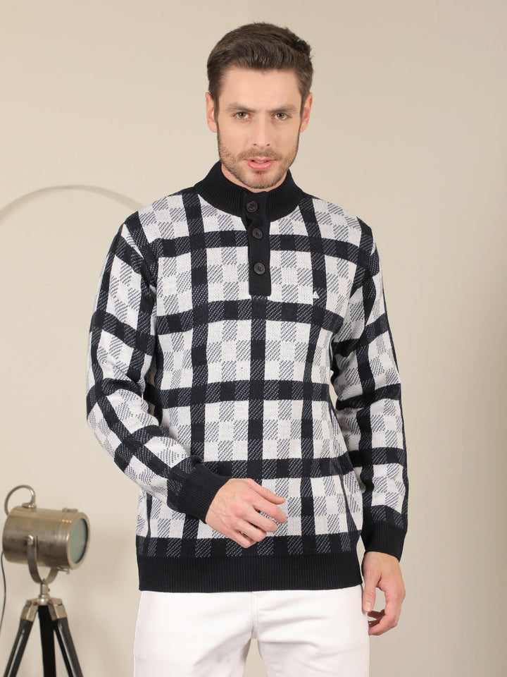 cobb navy white checked round neck half-button sweater